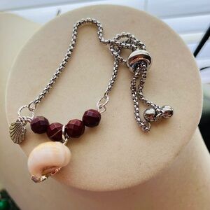 Silver and Red Beaded Bracelet with Shell Charm Handmade